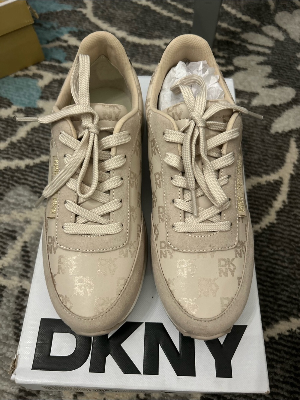 DKNY Beige Logo Lace-Up Sneakers with Tonal Monogram Gold Back Size 6